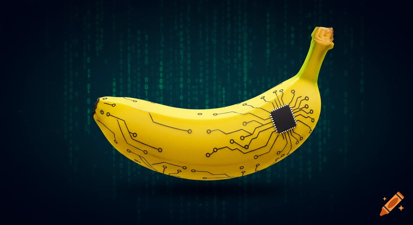 A banana transformed into a circuit board with a microchip, set against a dark background with green binary code.