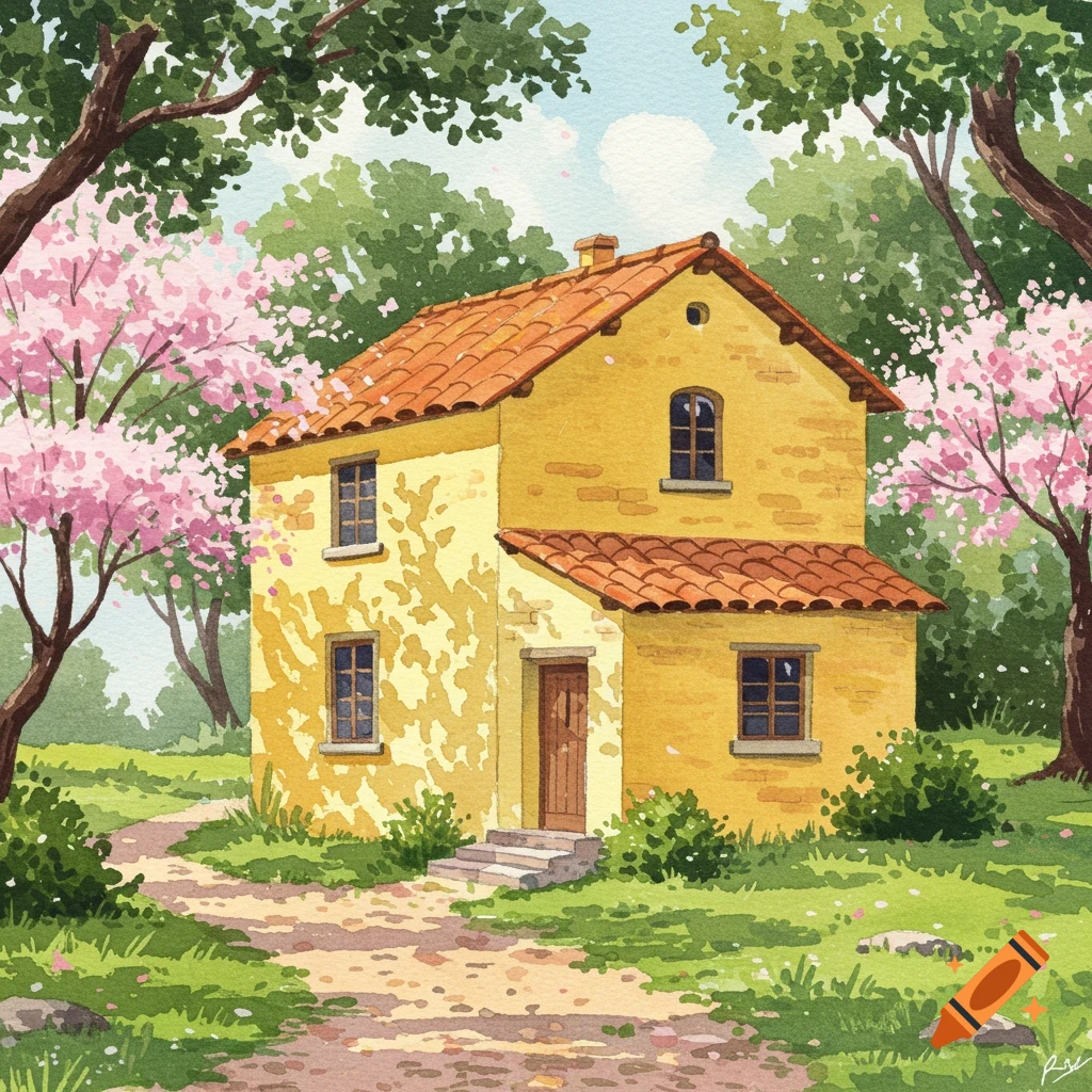 A yellow house with a terracotta roof surrounded by green trees and pink blossoms, rendered in a watercolor painting style.