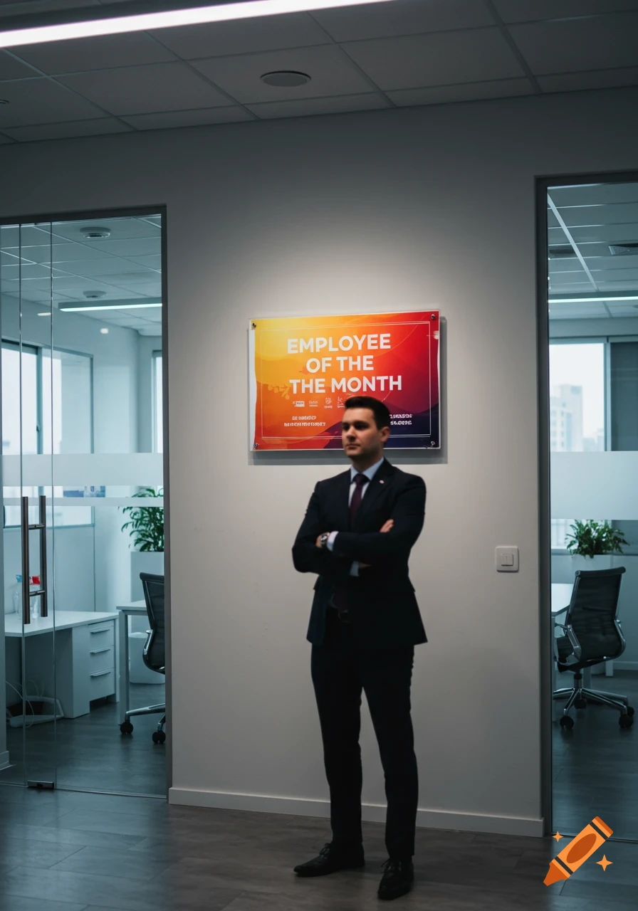 A man in a suit stands in an office hallway, arms crossed, looking at a brightly colored "EMPLOYEE OF THE MONTH" sign on the wall. His face is blurred.