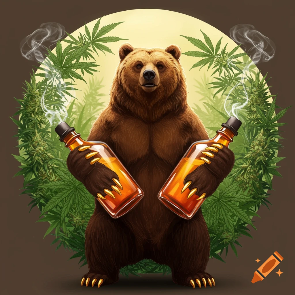 An illustrated brown bear with gold claws holds two amber bottles with smoke emanating, set against a circular background of cannabis leaves.