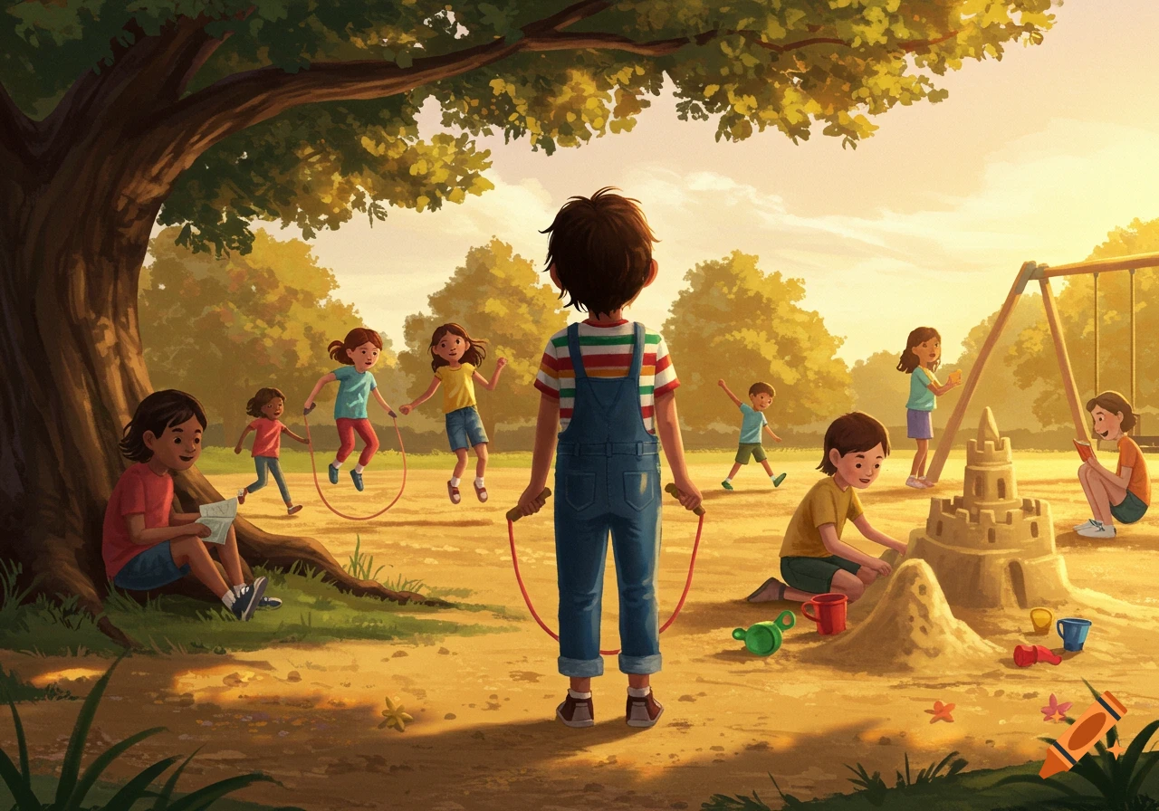An illustration of children playing in a sunny park with a large tree and a swing set, some jumping rope, others building sandcastles.