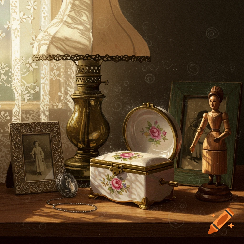 A still life digital painting of vintage trinkets on a wooden table: an oil lamp, open floral music box, framed photos, and a wooden doll by a sunlit window.