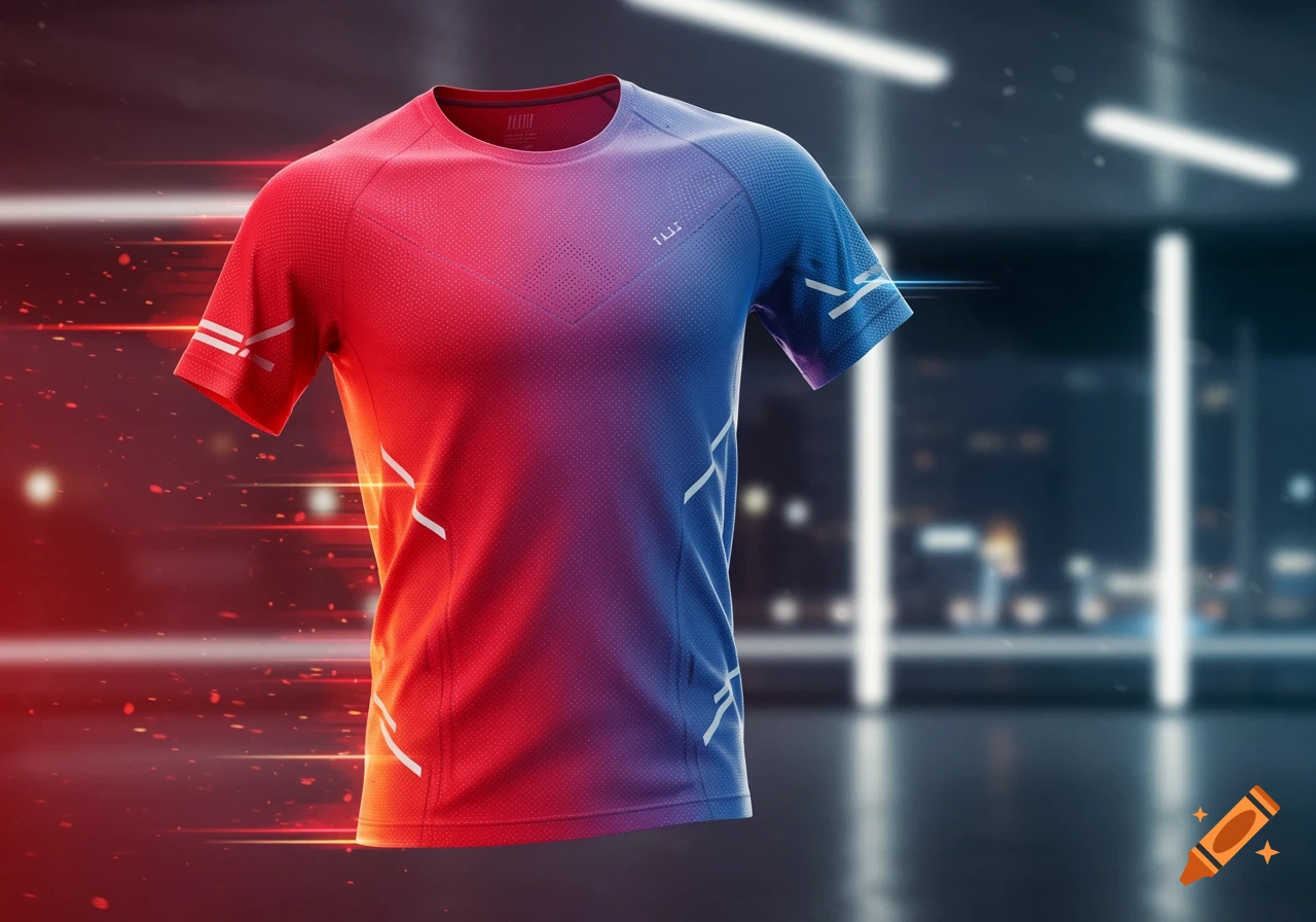 Red and blue gradient running t-shirt with white accents, floating against a blurred background with light streaks.