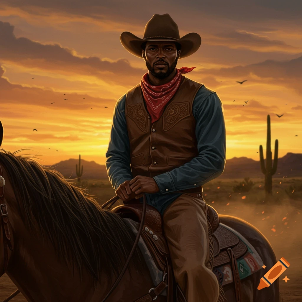 An African American cowboy on horseback in a desert landscape at sunset.