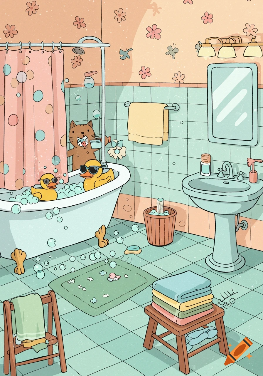 A whimsical cartoon illustration of a cat and two rubber ducks bathing in a bubble-filled bathtub in a colorful bathroom.