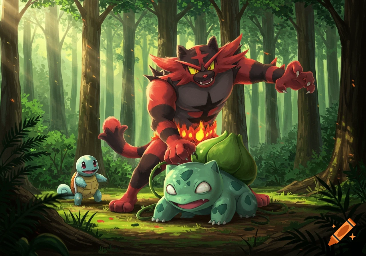 An illustration depicts Incineroar pinning Bulbasaur to the ground in a vibrant forest, while Squirtle watches nearby.