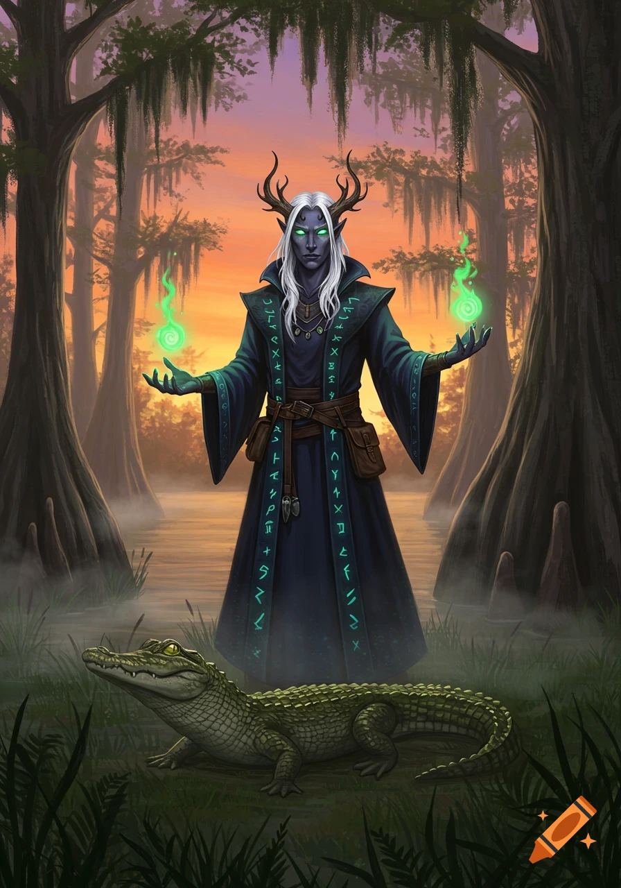 A Drow warlock with horns and glowing green eyes stands in a misty swamp, casting green magic, with a baby alligator at their feet.
