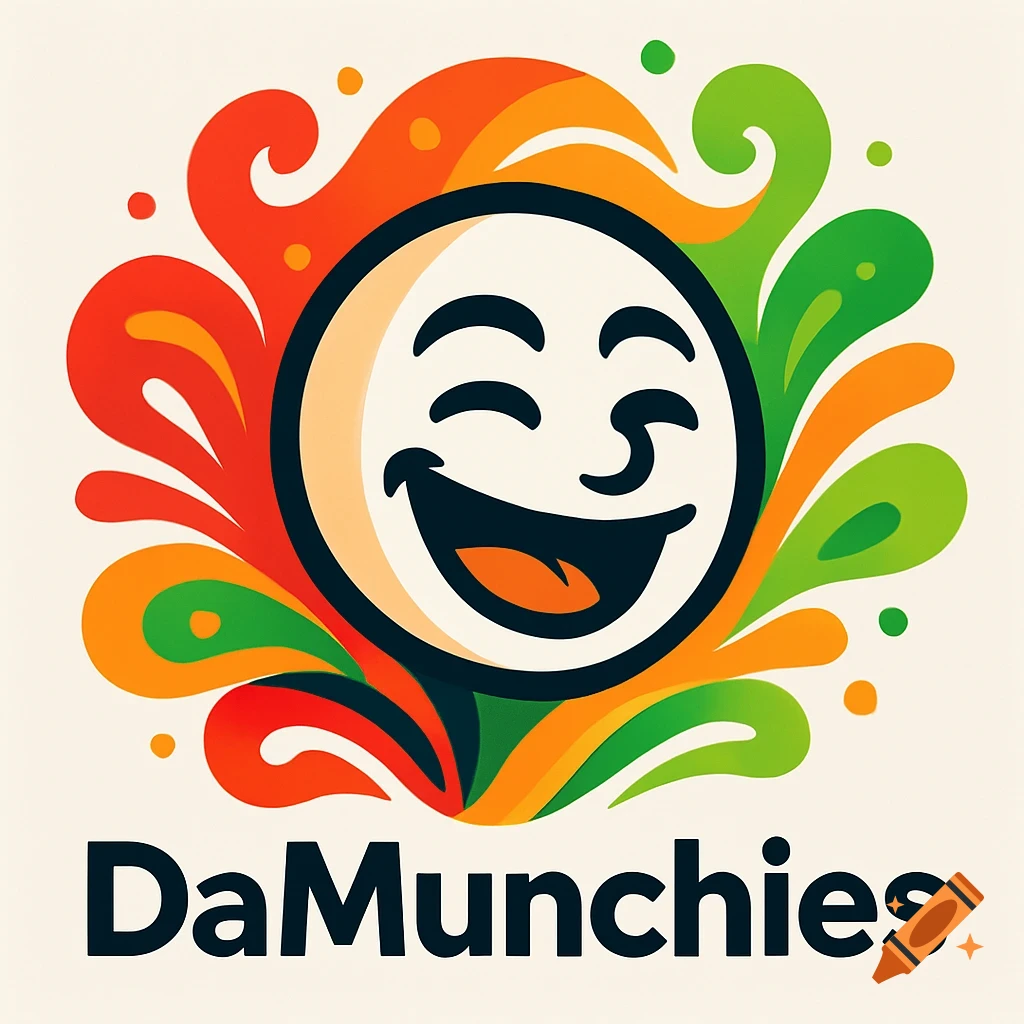 Cartoon logo featuring a smiling, winking face surrounded by vibrant red, orange, and green abstract shapes, with 'DaMunchies' text below.