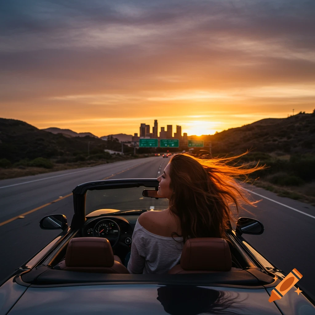 Woman with wind-blown hair drives a convertible on a highway towards a cityscape at sunset.