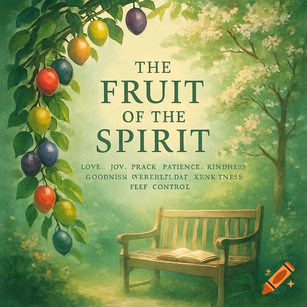 A serene, painterly illustration of a leafy branch with colorful fruits hanging over a wooden park bench with an open book. Text reads 'THE FRUIT OF THE SPIRIT' with garbled words below.