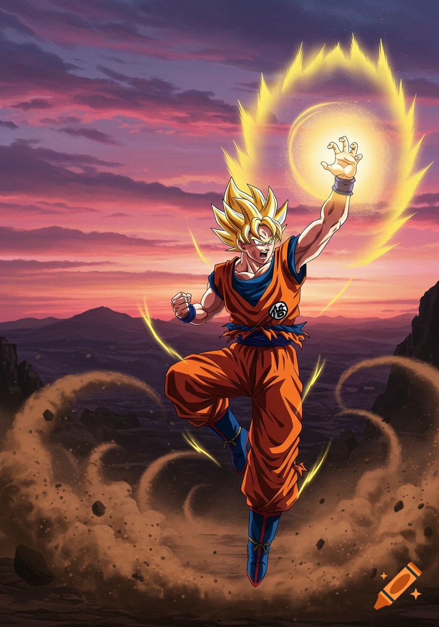 Super Saiyan Goku powers up amidst golden energy, raising his arm against a sunset sky with mountains and swirling dust.