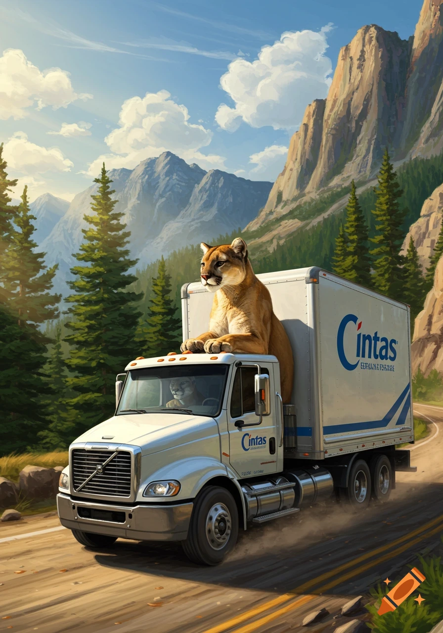 A mountain lion lays on the roof of a white Cintas truck, driven by another mountain lion, on a mountain road with trees and cliffs under a blue sky.