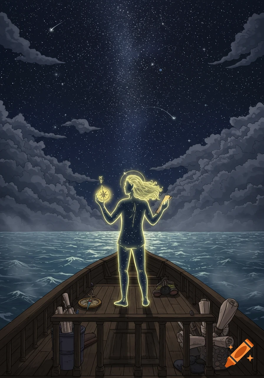 An ethereal, glowing figure stands in a boat on a calm sea under a cosmic starry night sky, holding a compass and a tablet.