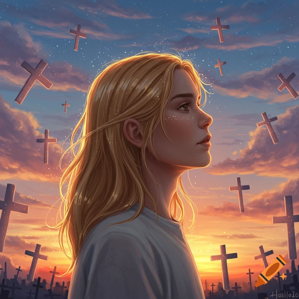 A blonde woman looks up at a dramatic sunset sky with floating crosses and a graveyard of crosses below. Digital painting.