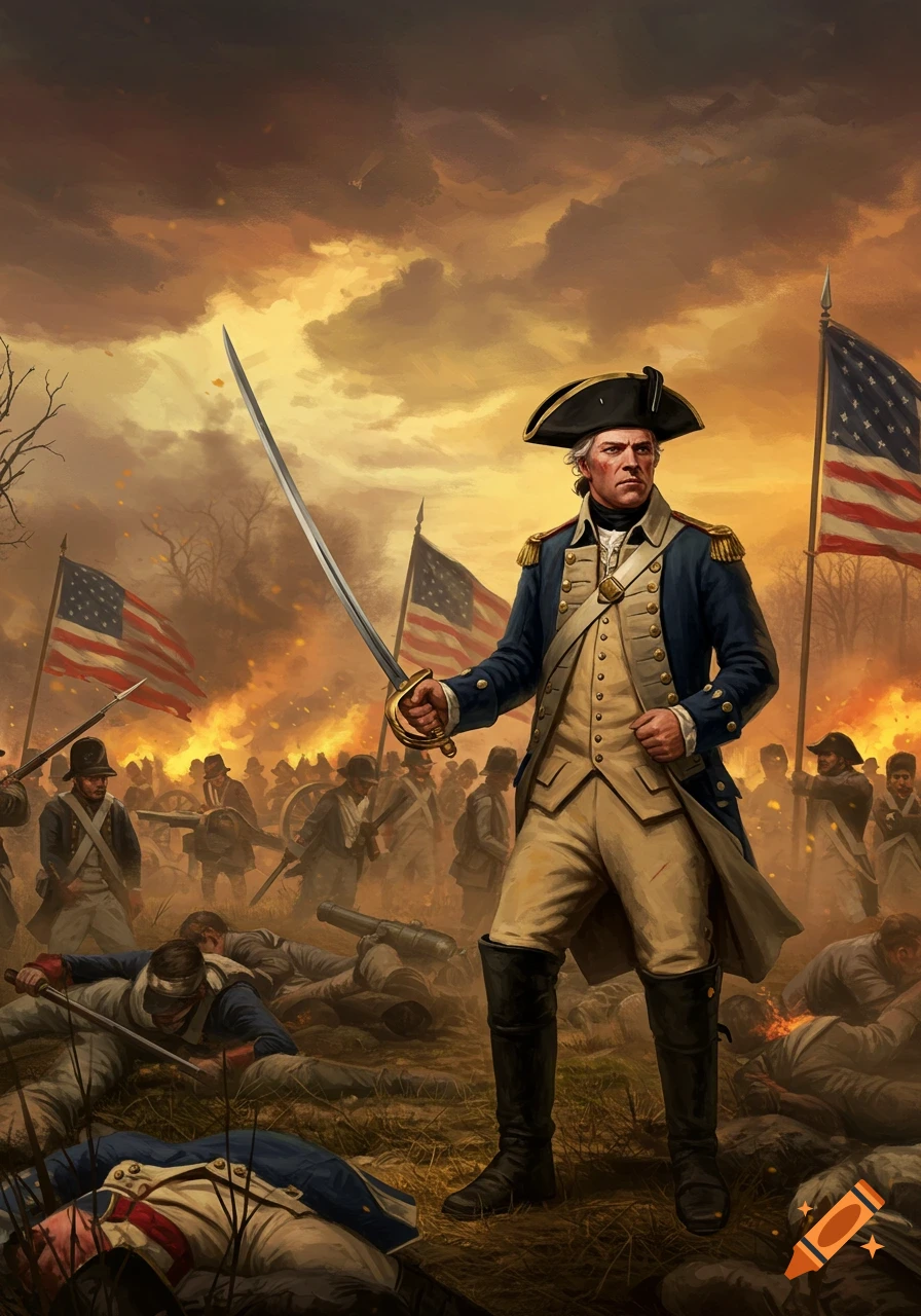 A general in uniform holds a sword on a smoky battlefield with American flags and soldiers in a painterly style.