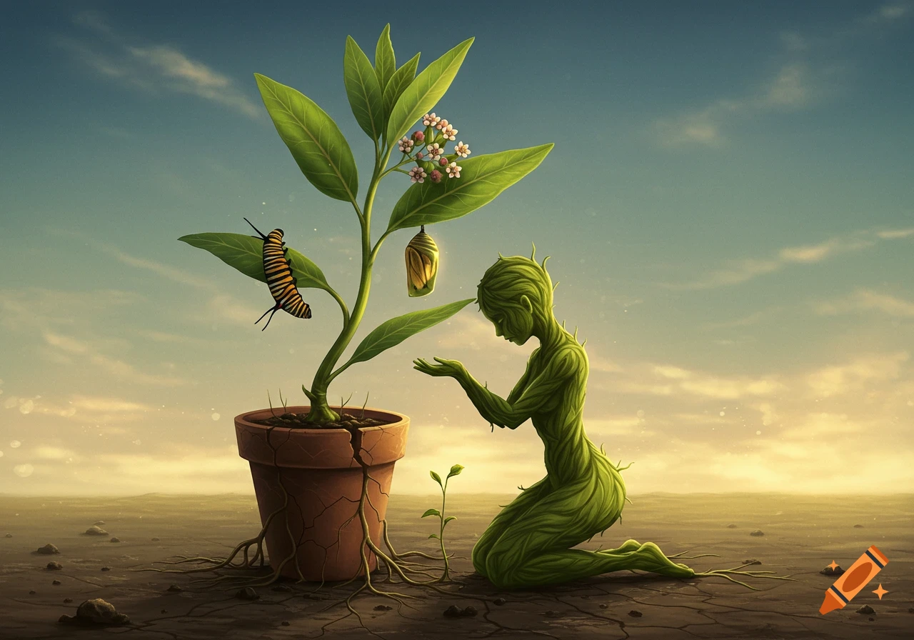 A kneeling figure made of leaves beside a milkweed plant with a caterpillar and chrysalis in a cracked pot, set in a dry landscape under a cloudy sky.