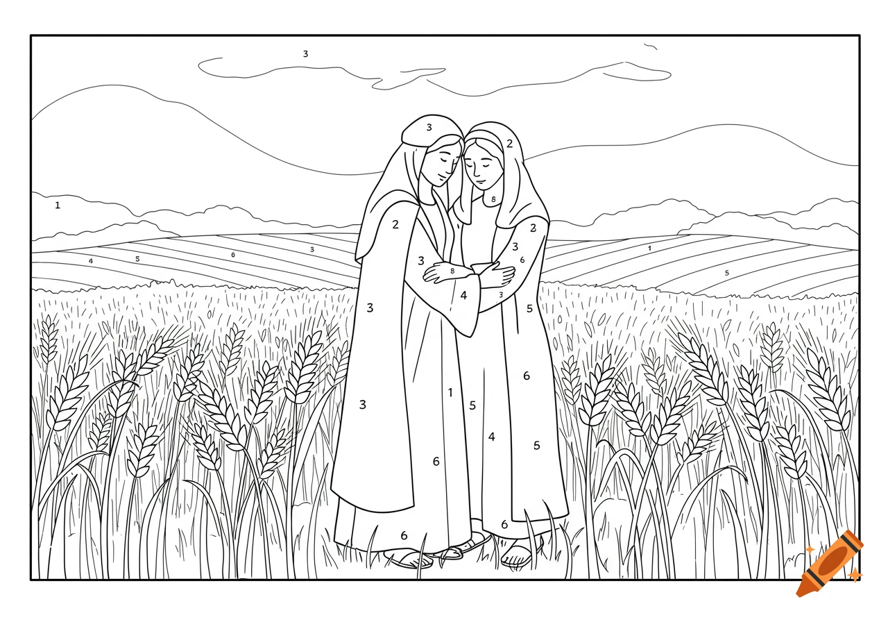 Black and white line art coloring page depicting two women embracing in a wheat field, with hills in the background. Numbers for color by number are visible within the design.