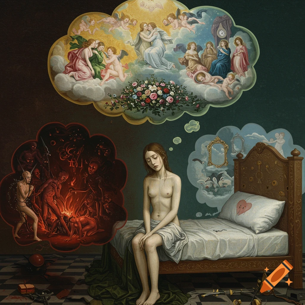 A surreal Renaissance painting depicts a somber woman on a bed, with thought bubbles above showing a celestial heaven and a fiery hell.