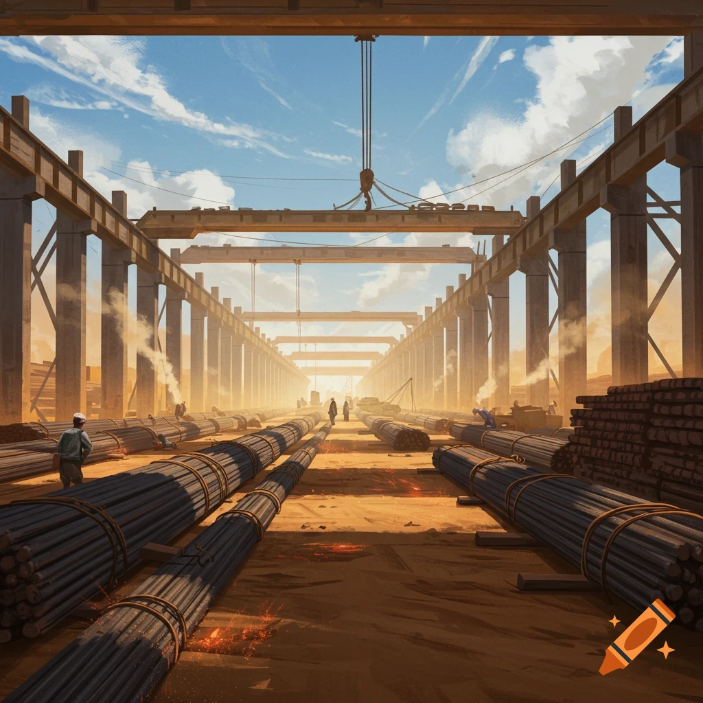 A vast open-air industrial yard with rows of bundled rebar under a concrete beam structure, workers visible in the hazy distance.