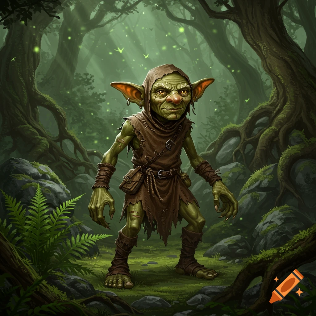 An older goblin with green skin and large ears, wearing brown rags, stands in a mystical, sun-dappled forest.