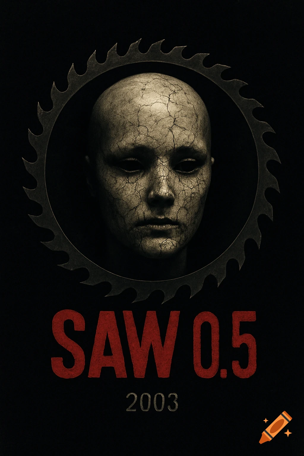 A dark horror movie poster featuring a bald, cracked head framed by a circular saw blade, with the title "SAW 0.5" and "2003".