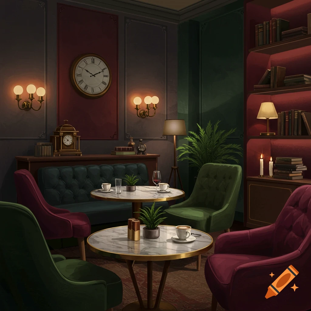 A luxurious coffee shop interior with dark red, gray, and dark green tones, featuring comfortable chairs, marble-topped coffee tables, and a bookshelf.