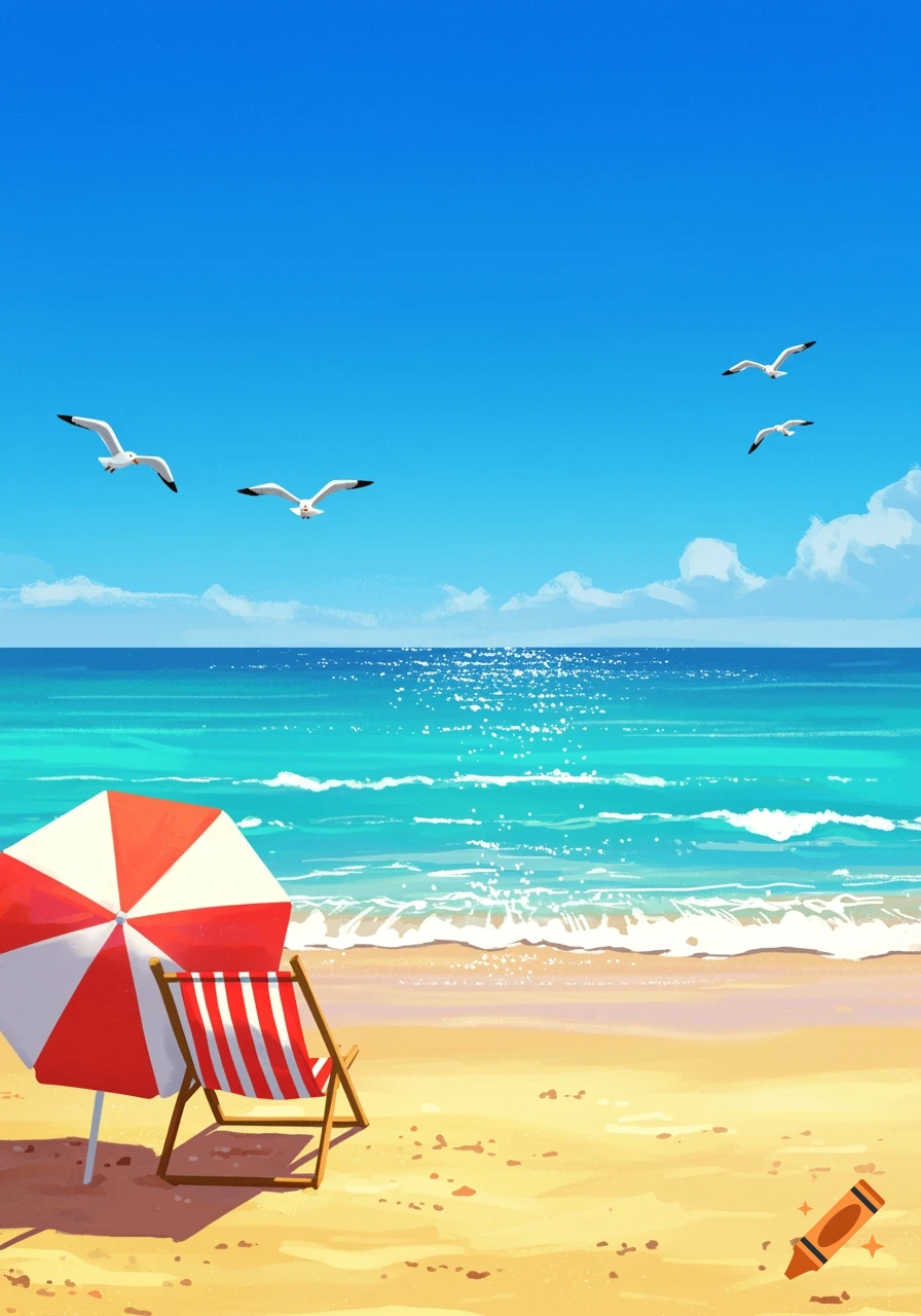 Illustrated sunny beach scene with a red and white umbrella and beach chair, clear blue ocean, and seagulls flying overhead.