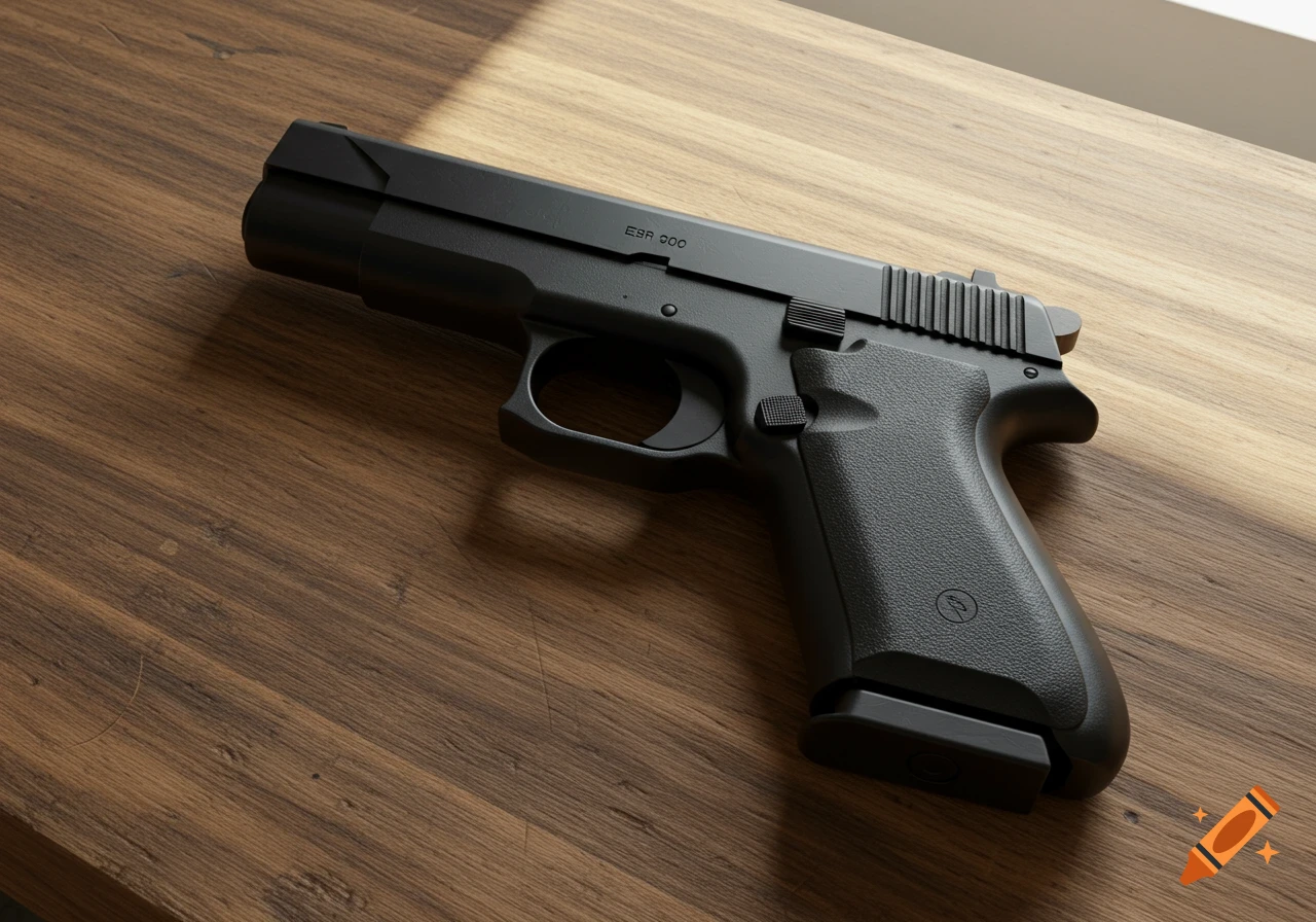 A black realistic pistol rests on a slightly worn wooden table.