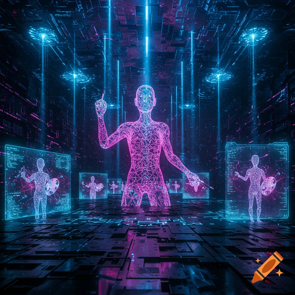 A glowing pink wireframe human figure in a dark, futuristic room with blue neon lights and screens displaying smaller wireframe figures and code.