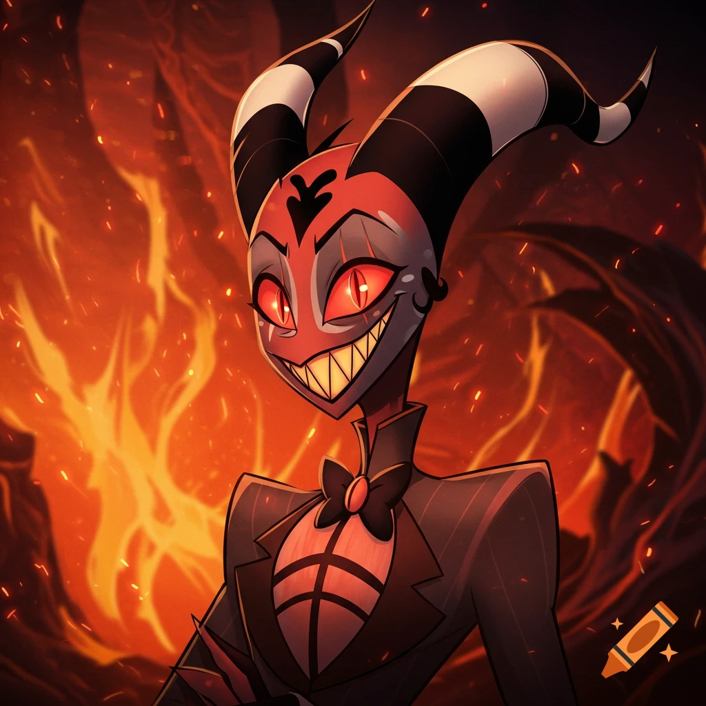 A cartoonish demonic character with red skin, striped horns, and glowing red eyes, wearing a suit, stands against a fiery background.