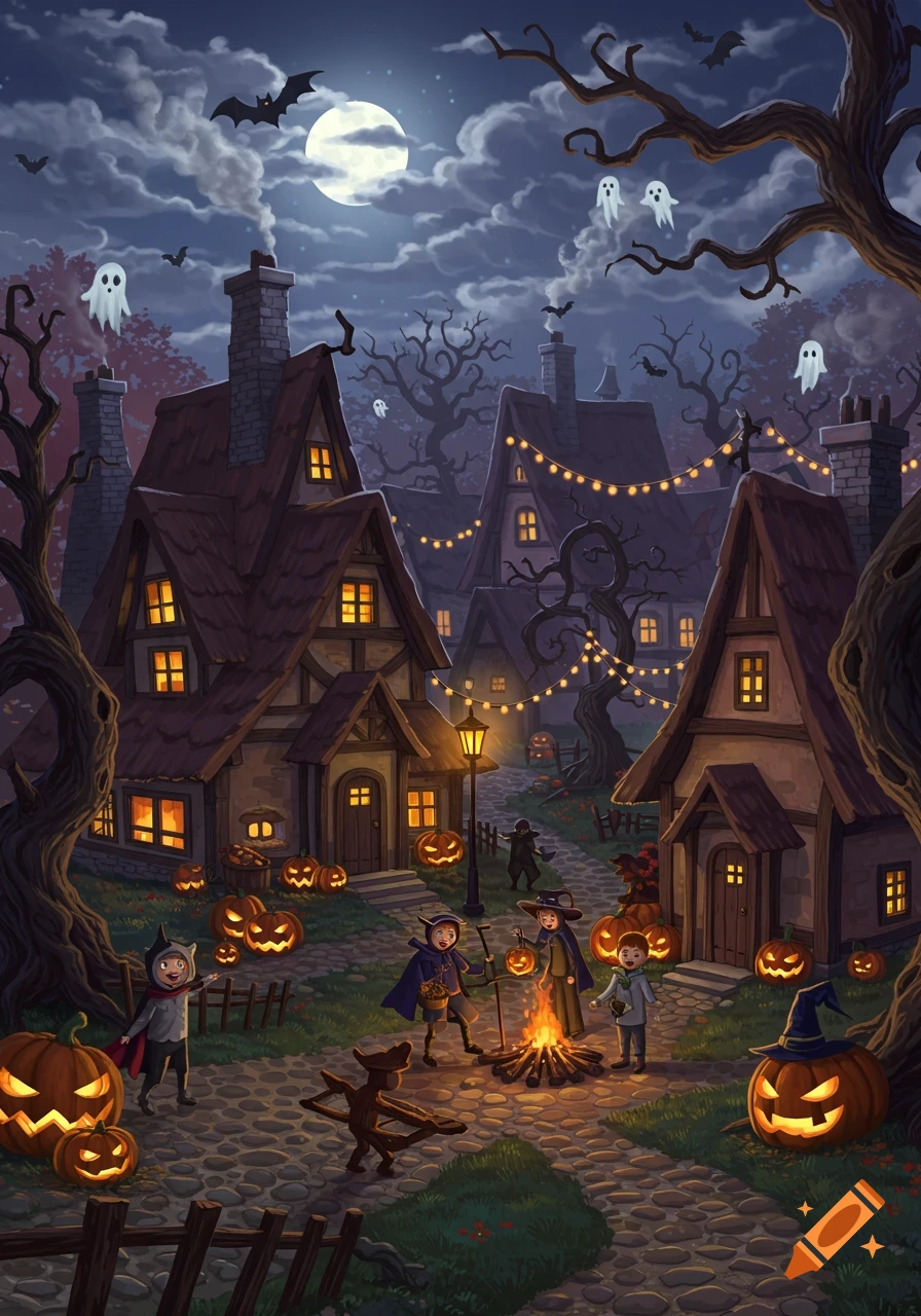 Stylized illustration of a Halloween village scene at night, featuring children in costumes, glowing jack-o'-lanterns, ghosts, and bats under a full moon.