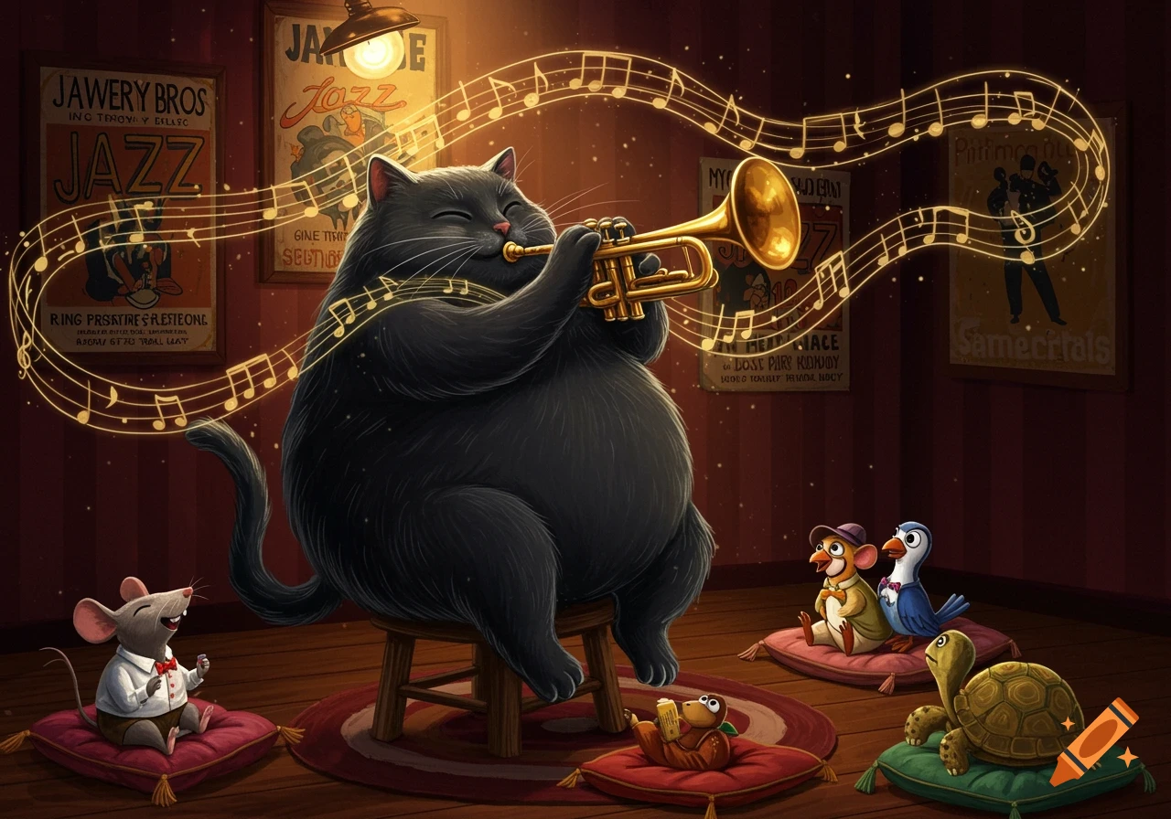 A large black cat plays a trumpet surrounded by musical notes for an audience of other small animals in a jazz club.