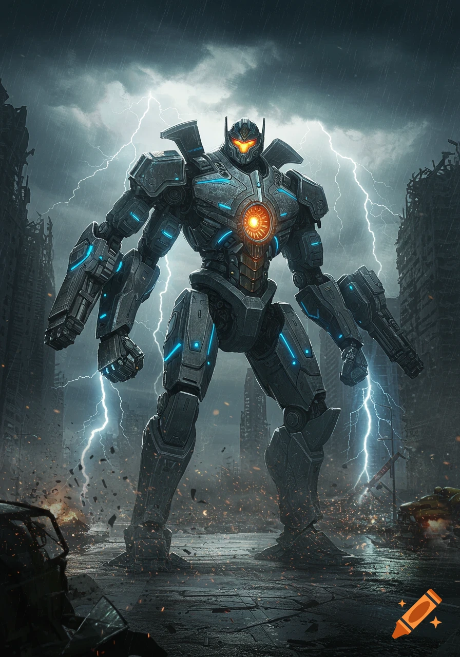 A massive, grey and blue battle robot with glowing orange core stands in a destroyed, rainy city with lightning strikes.