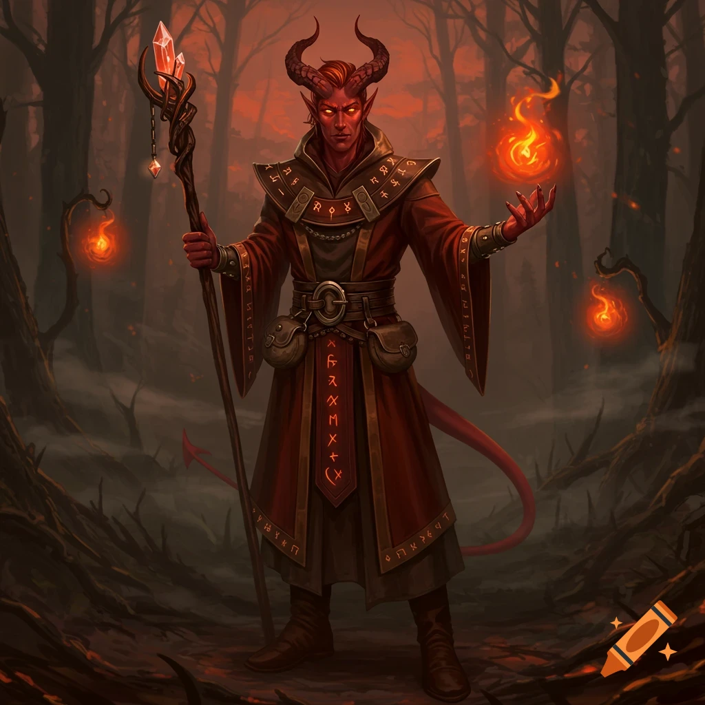 A male tiefling wizard with red skin, horns, and a tail, wearing dark red robes, holding a staff, and conjuring fire in a dark forest.