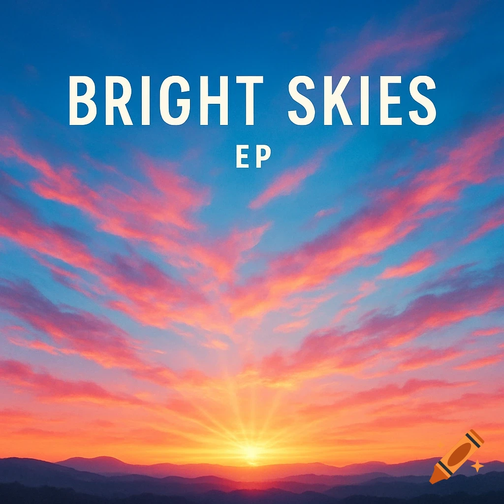 An album cover with a vibrant orange and pink sunrise over dark mountains and a blue sky, featuring the text 'BRIGHT SKIES EP'.