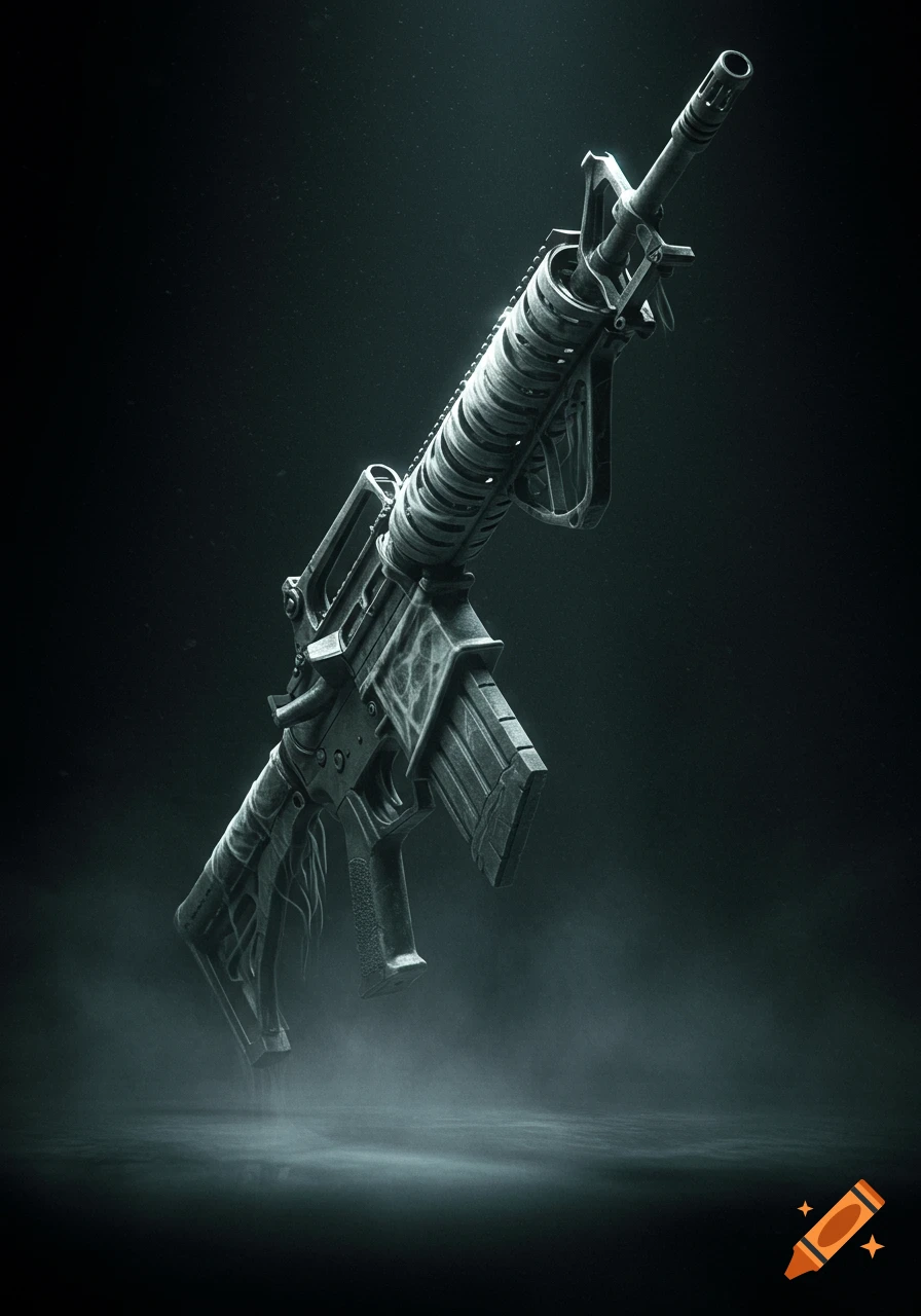 A dark, stylized AR15 rifle with skeletal or organic textures floats above a smoky surface.