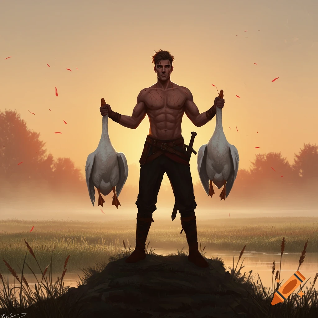 A muscular man, shirtless and with a sword, stands on a hill at sunrise, holding a dead goose in each hand. Misty landscape.