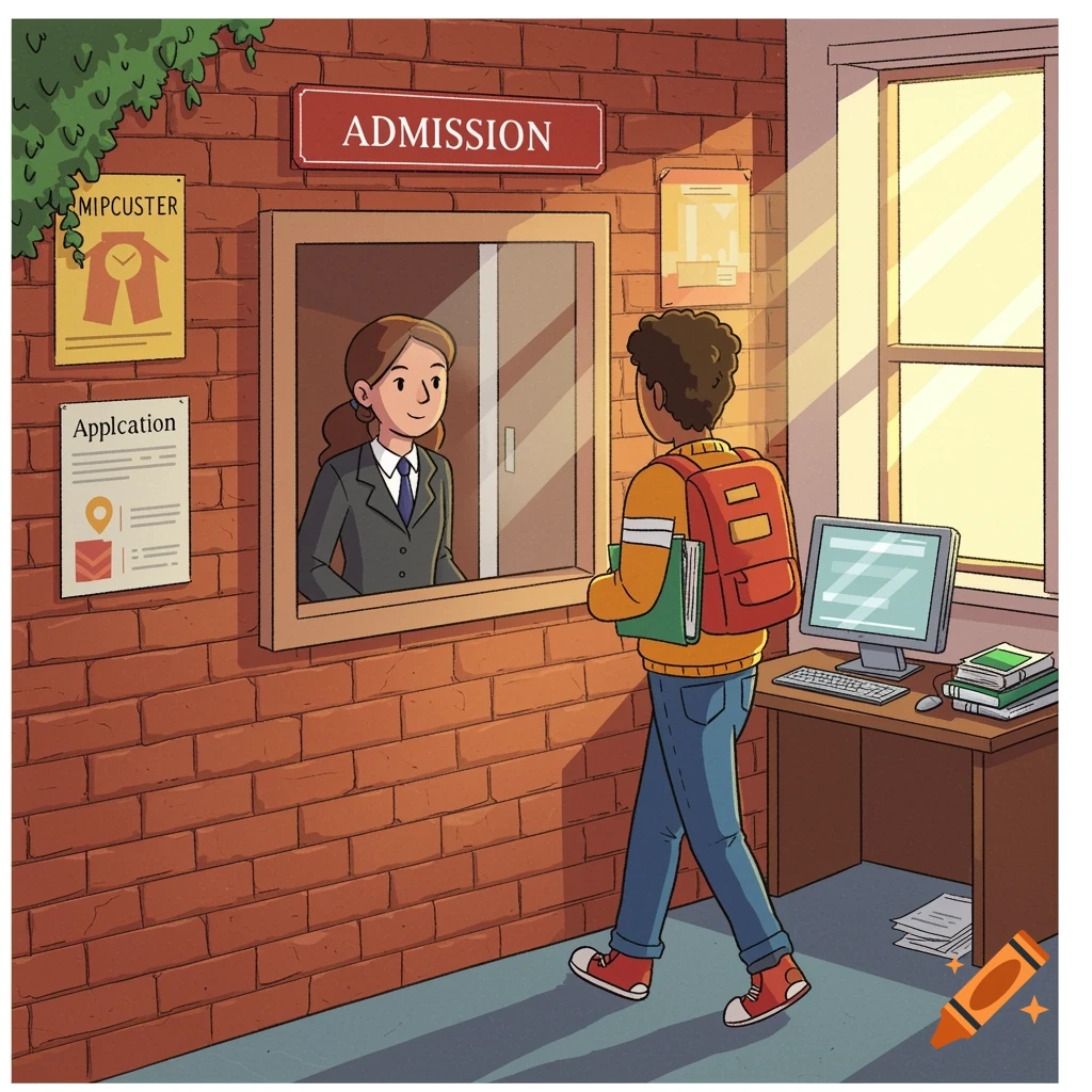 Clip art illustration of a student with a backpack talking to an administrative person through a college admission window.