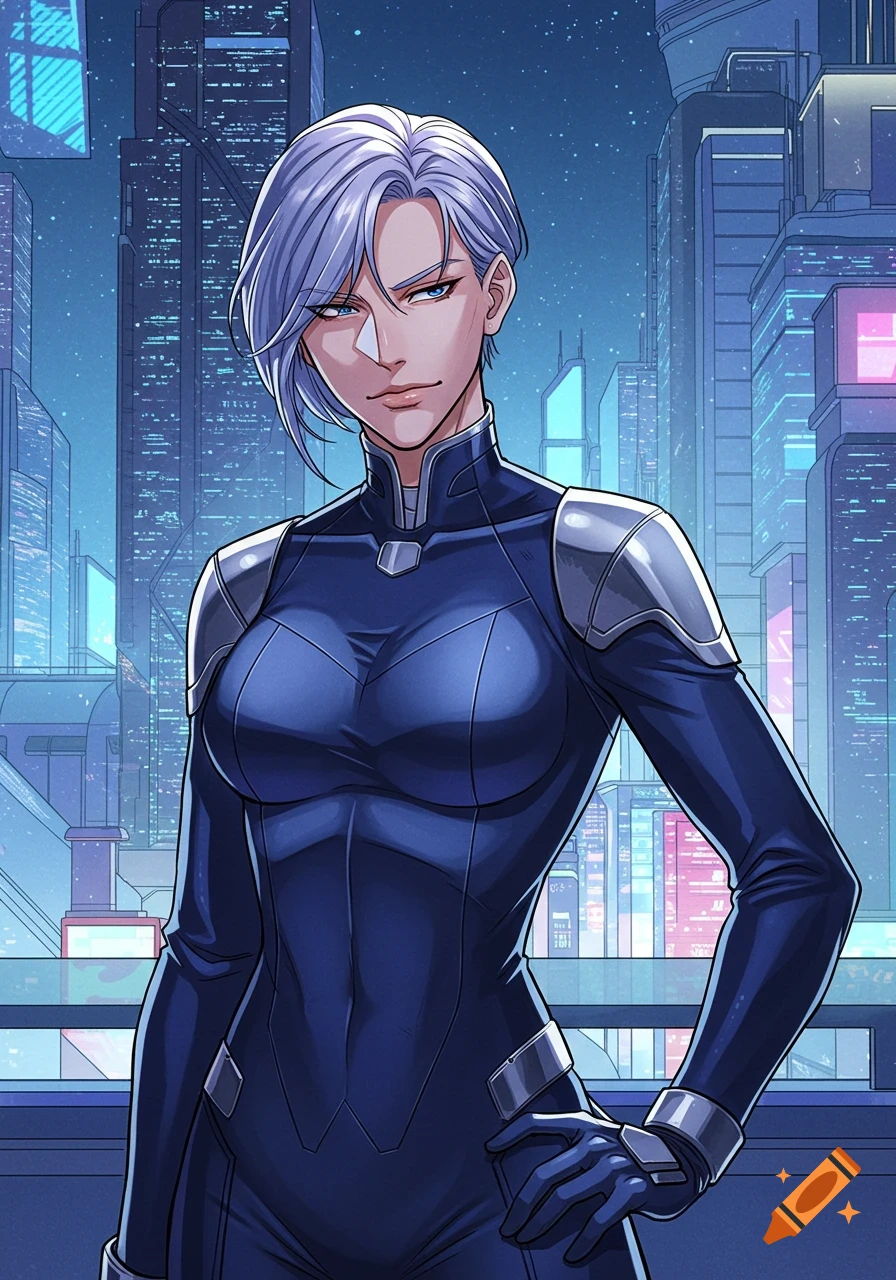 An anime-style portrait of a woman with white hair and a blue futuristic suit standing in front of a cyberpunk city.