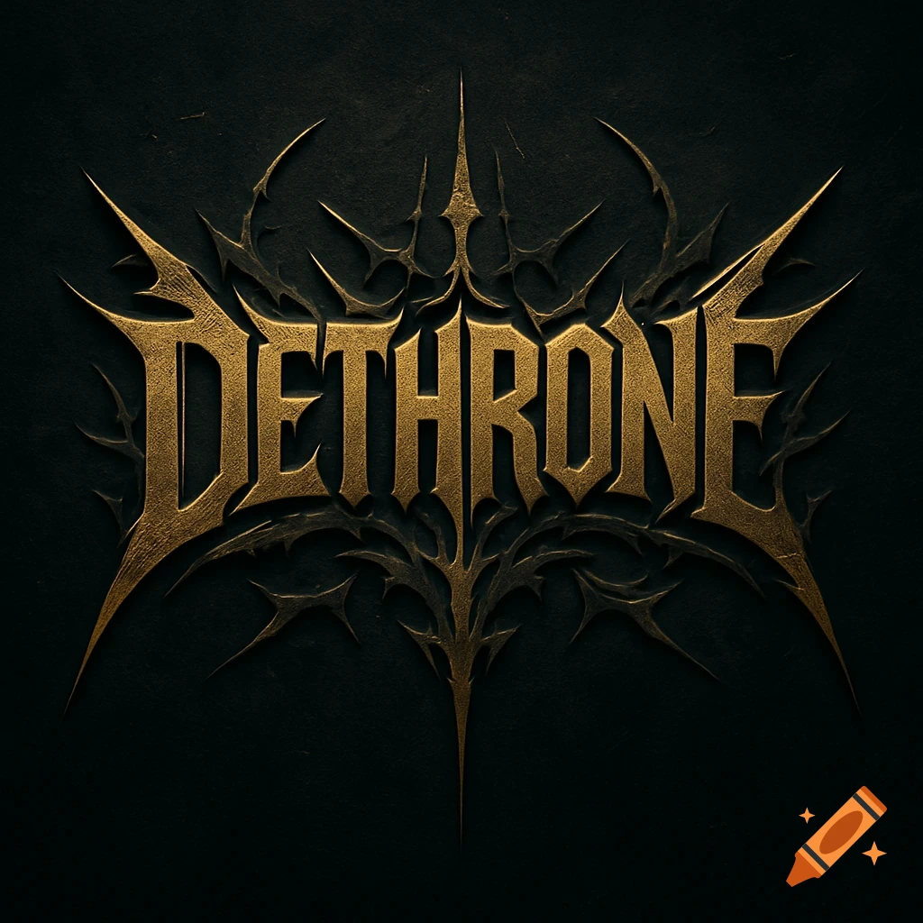 A gold metallic band logo for 'DETHTHRONE' with sharp, spiky gothic elements on a dark background.