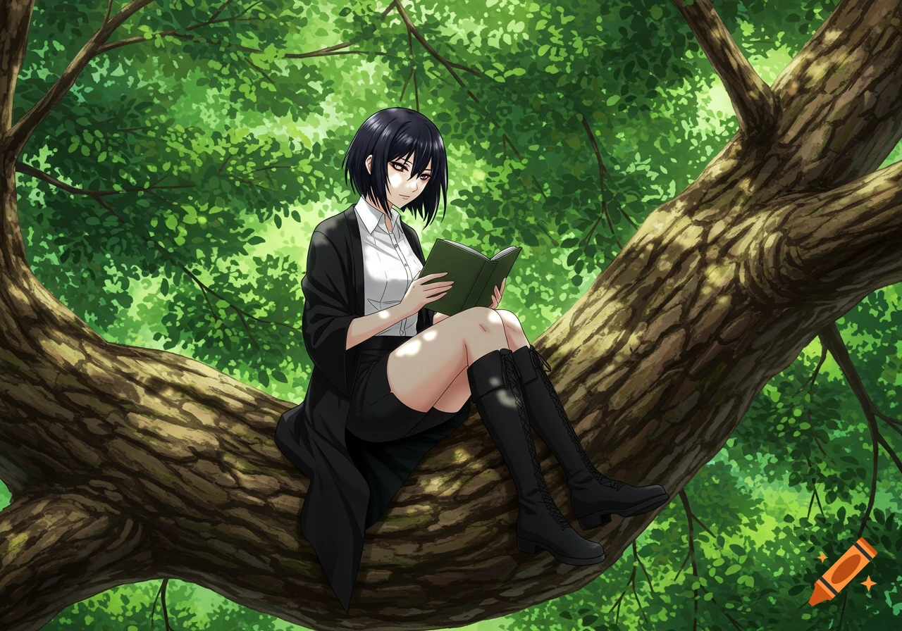An anime woman with short black hair sits on a large tree branch, reading a green book. She wears a white shirt, black skirt, and boots, surrounded by lush green foliage.
