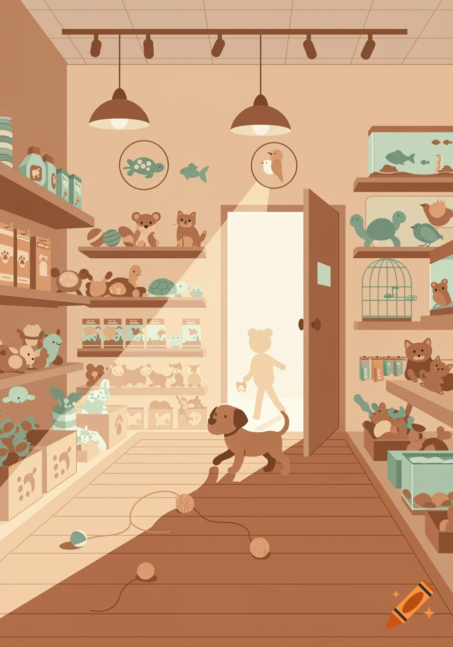 A cute 2D animation of a dog walking through the central aisle of a pastel-toned pet store, with shelves full of toys and animals.