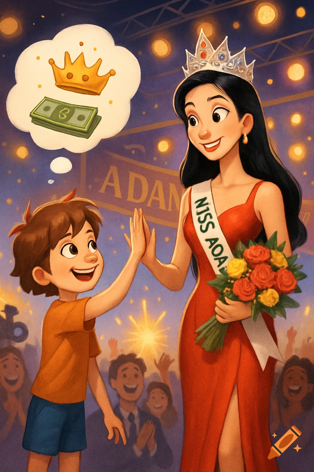 A smiling boy in cartoon style high-fives a beauty queen in a red dress with a crown on a stage. A thought bubble above the boy shows a crown and money.