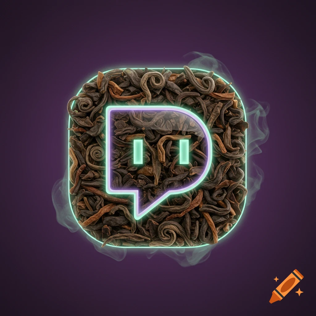 A Twitch logo made from dried tea leaves, with a glowing neon outline and smoke on a purple background.