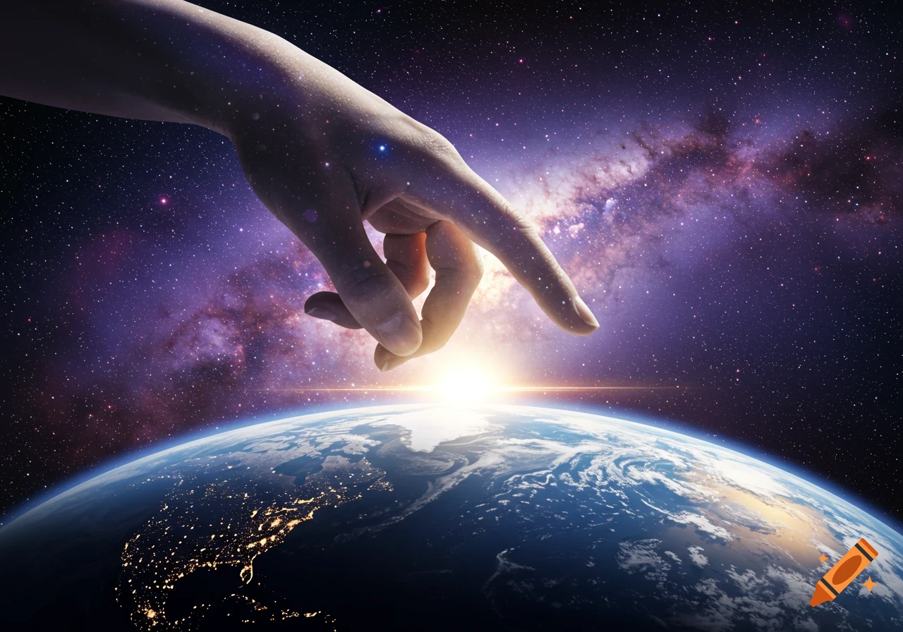 A giant hand reaches down from space, finger touching the Earth, with a bright cosmic glow and a galaxy background.