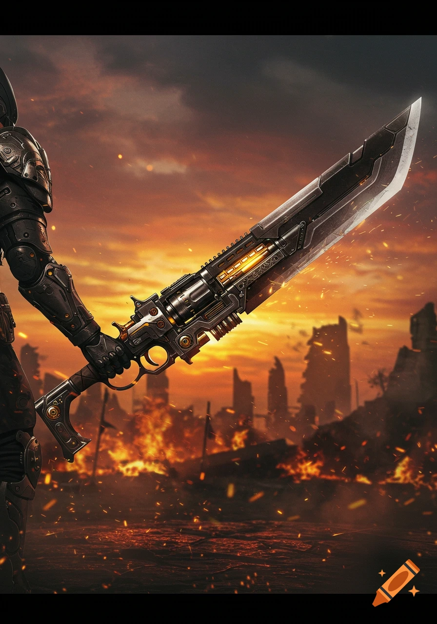 An armored warrior holding a large, detailed gunblade against a fiery, war-torn landscape at sunset.