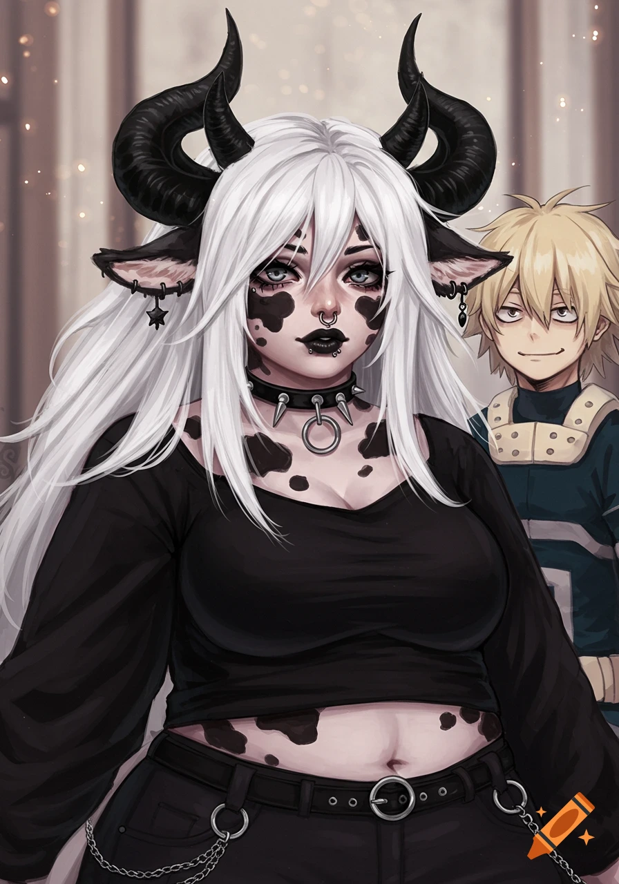 Anime-style illustration of a gothic cow-girl character with white hair and black horns, wearing a crop top, standing next to a blonde man.