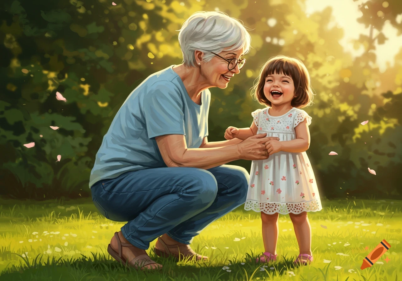 An elderly woman with short gray hair and glasses crouches to smile at a laughing little girl in a white dress with pink flowers in a sunny park.