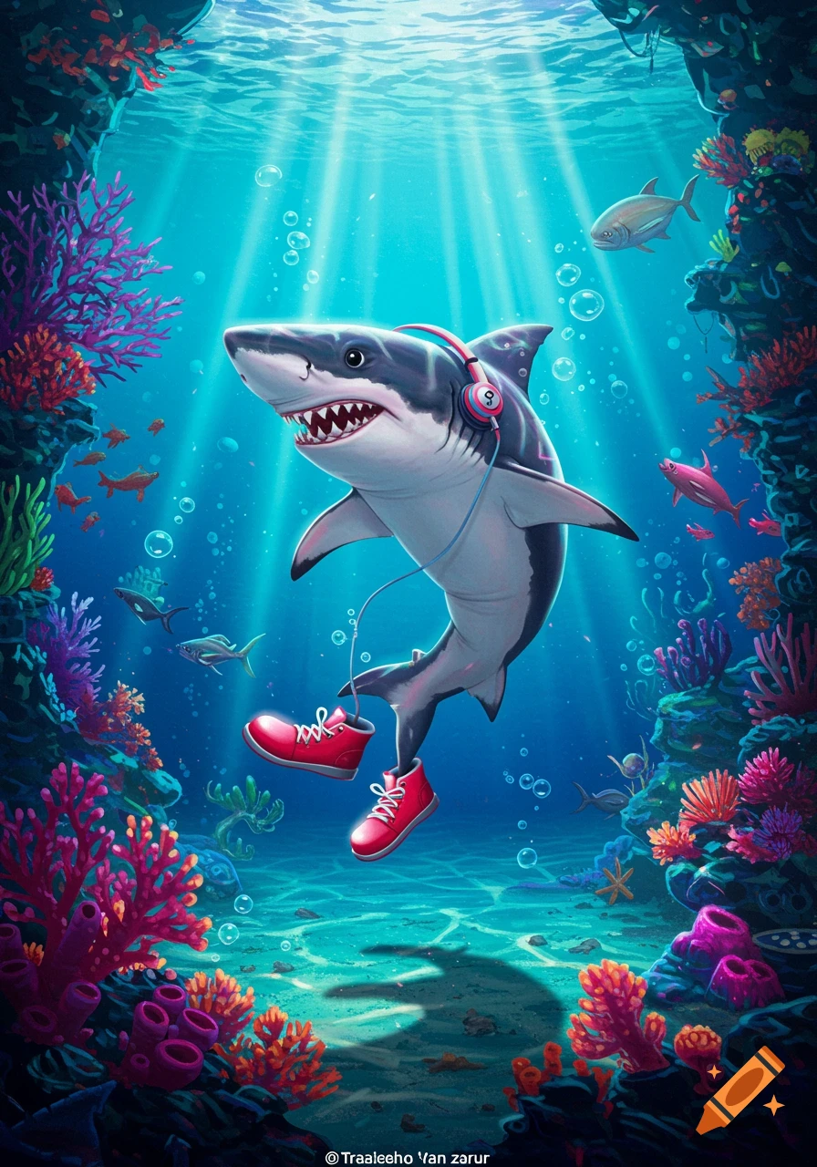 A whimsical, colorful cartoon shark wearing red headphones and red shoes swims through a vibrant coral reef with sunbeams shining down.