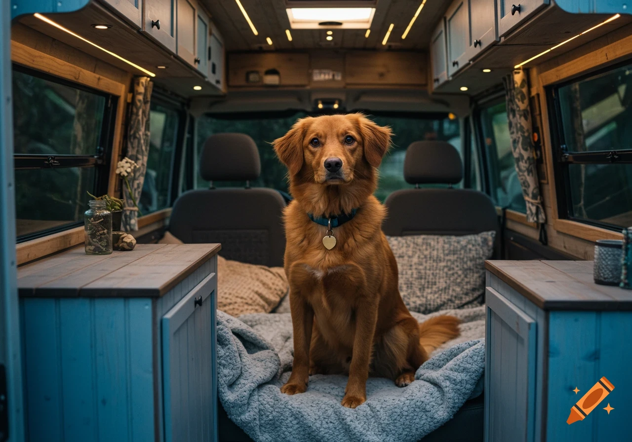 A medium-sized brown dog with a blue collar sits inside a cozy, warmly lit converted van.